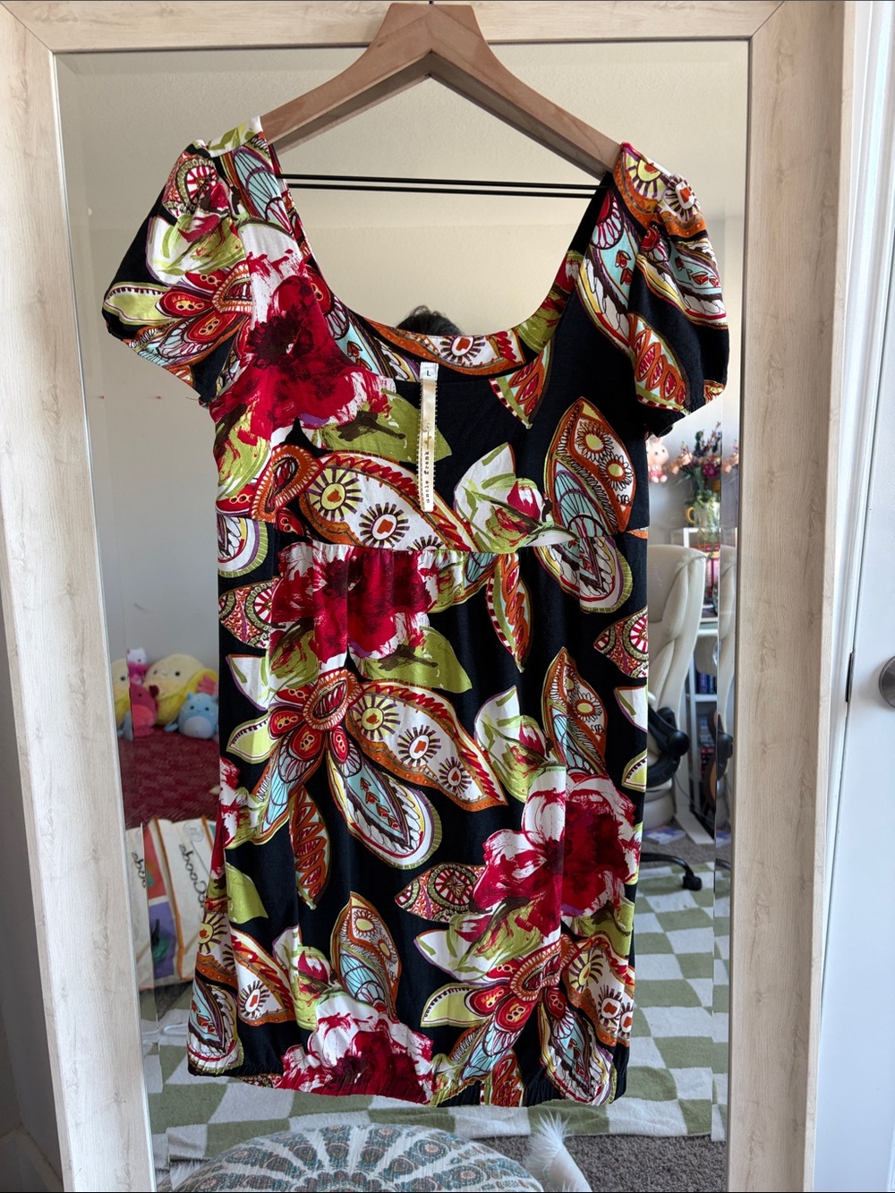 Uncle Frank Black Mini Dress with Red Floral & Green Accents